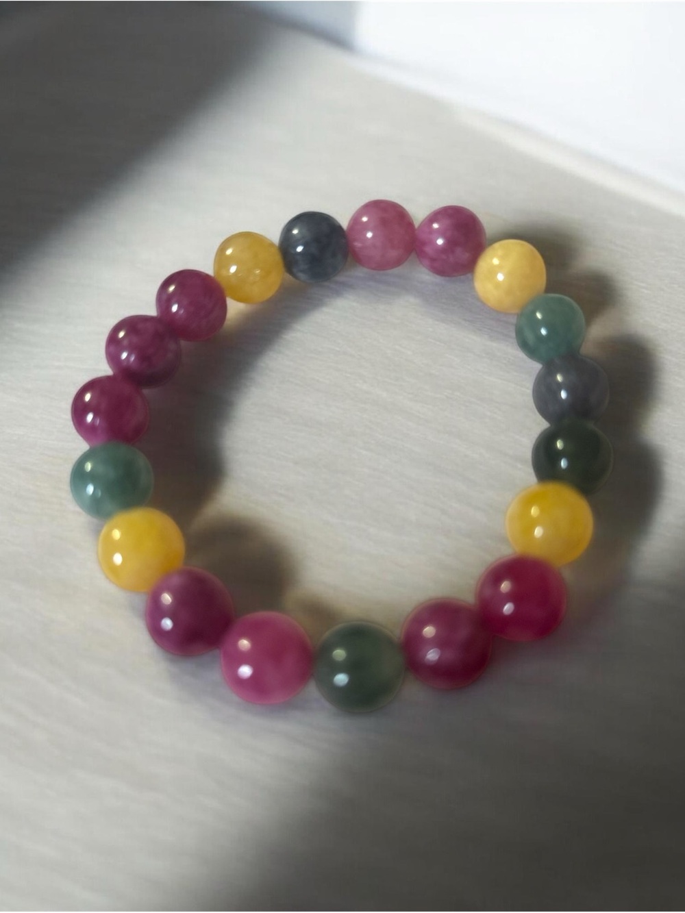 Rainbow Tourmaline 10mm Beaded Bracelet- Pink, Green, Gray, Yellow